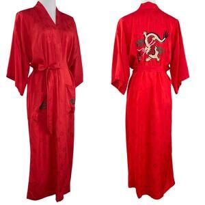 Vintage 70s Boho Red Silk Embroidered Dragon Unisex Kimono Robe Size M